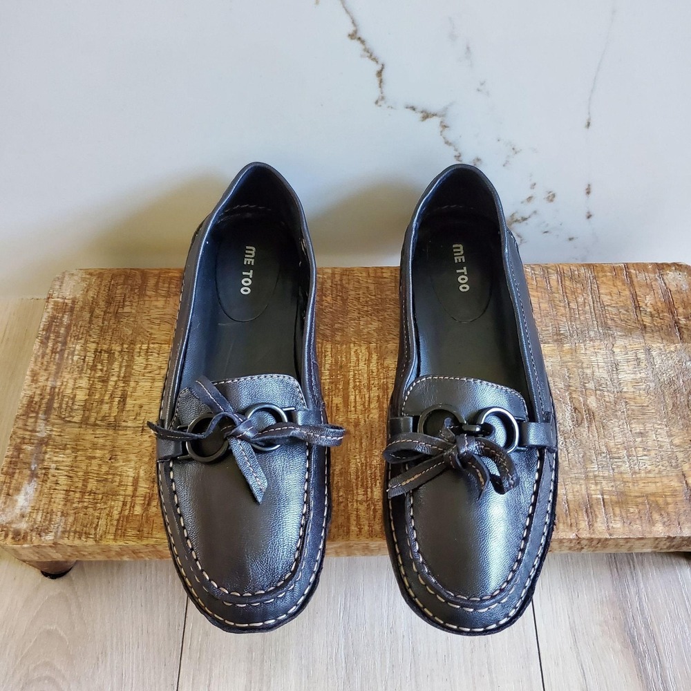 Me Too Elapse Loafers Womens 7 Black Leather Bow Moc Toe Slip On Comfort Flats